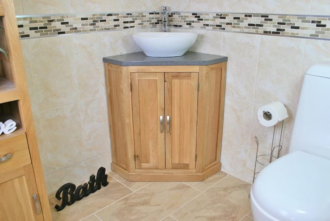 Oval White Ceramic Bathroom Basin on Grey Quartz Top Corner Vanity Unit