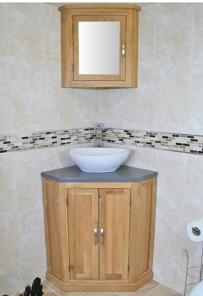 Oval White Ceramic Basin on Grey Quartz Topped Corner Vanity Unit & Oak Mirror Bathroom Cabinet