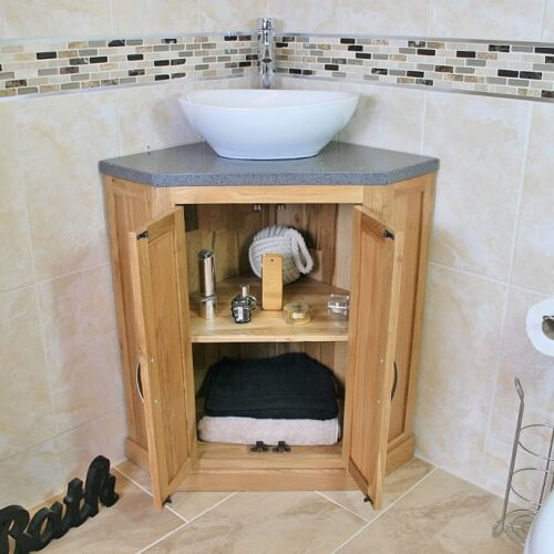 Open Corner Vanity Unit with Grey Quartz Top & White Oval Ceramic Bathroom Basin
