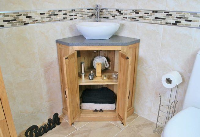 Open Corner Vanity Unit with Grey Quartz Top & White Oval Ceramic Bathroom Basin