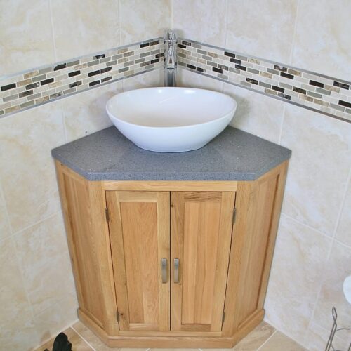 Corner Vanity Unit with Grey Quartz Top and Oval White Ceramic Wash Basin