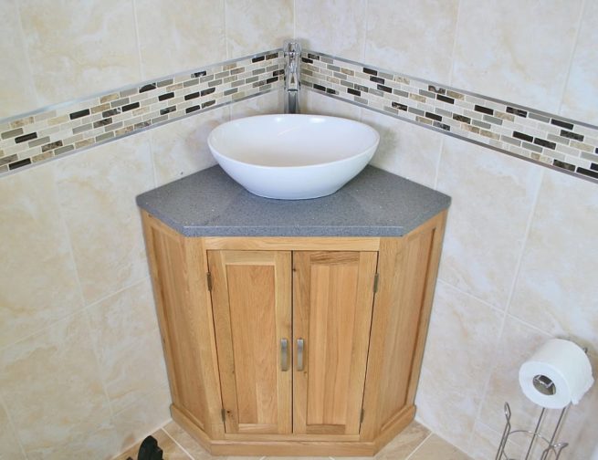 Corner Vanity Unit with Grey Quartz Top and Oval White Ceramic Wash Basin