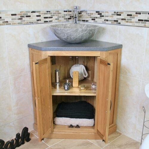 Grey Quartz Top Corner Vanity Unit with Grey Marble Basin, Open Storage