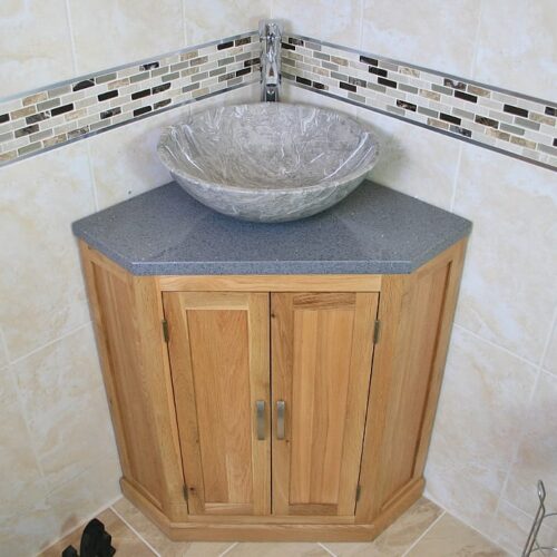 Overview of Grey Quartz Top Corner Vanity Unit with Grey Basin