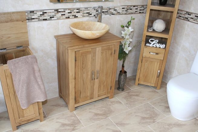 Golden Onyx Basin on Oak Topped Vanity Unit - Far Side View