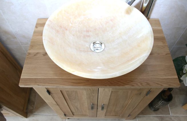 Above View of Golden Onyx Basin on Oak Top Vanity