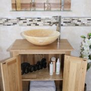 Open Doors Showing storage on Oak Vanity Unit with Stunning Golden Onyx Basin