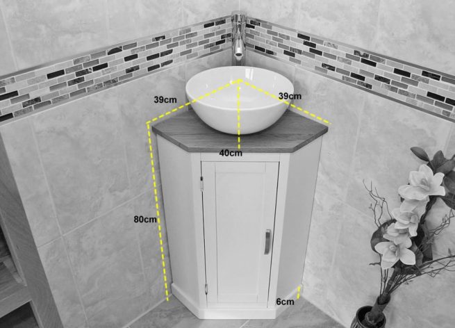 Size Measurements of Painted Corner Unit with Oak Top & Basin