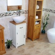 Side View of White Ceramic Oval Basin on Oak Top Painted Single Vanity Unit