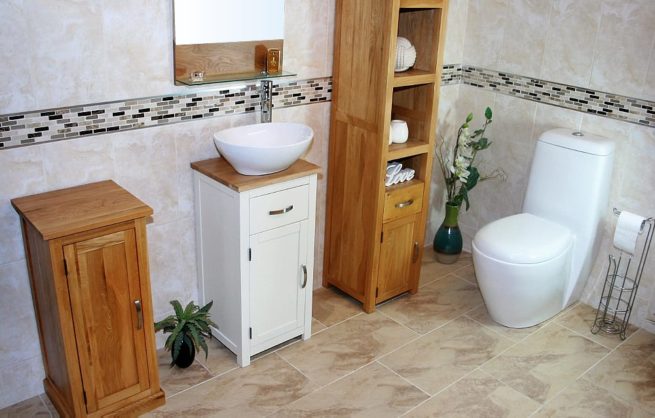 Side View of White Ceramic Oval Basin on Oak Top Painted Single Vanity Unit