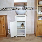 White Ceramic Oval Basin on Oak Top Painted Single Vanity Unit - Showing Storage Space