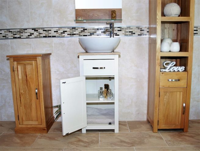 White Ceramic Oval Basin on Oak Top Painted Single Vanity Unit - Showing Storage Space