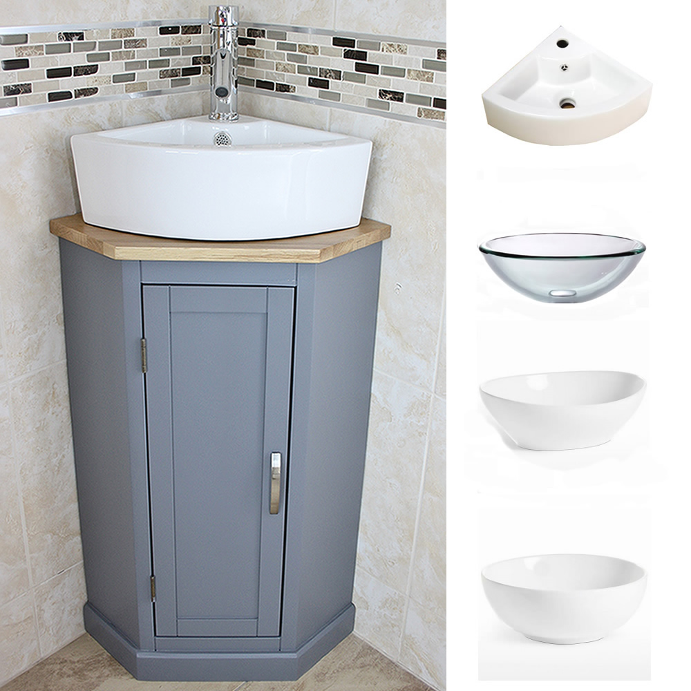 grey painted corner oak vanity unit with wash basin ideal for