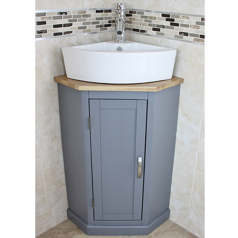 Grey Painted Corner Oak Vanity Unit With Wash Basin Ideal For Cloakroom