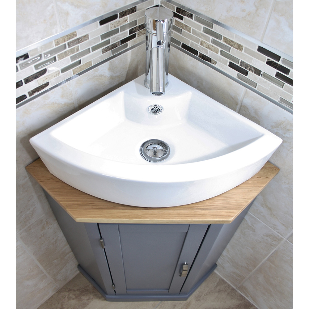 Grey Painted Corner Oak Vanity Unit With Wash Basin Ideal For Cloakroom