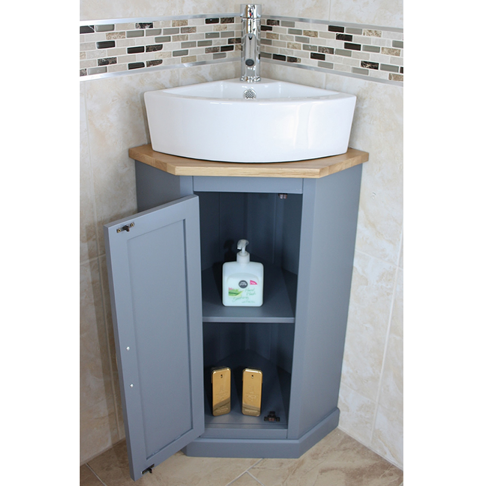 Grey Painted Corner Oak Vanity Unit, Corner Sink And Toilet Vanity Unit