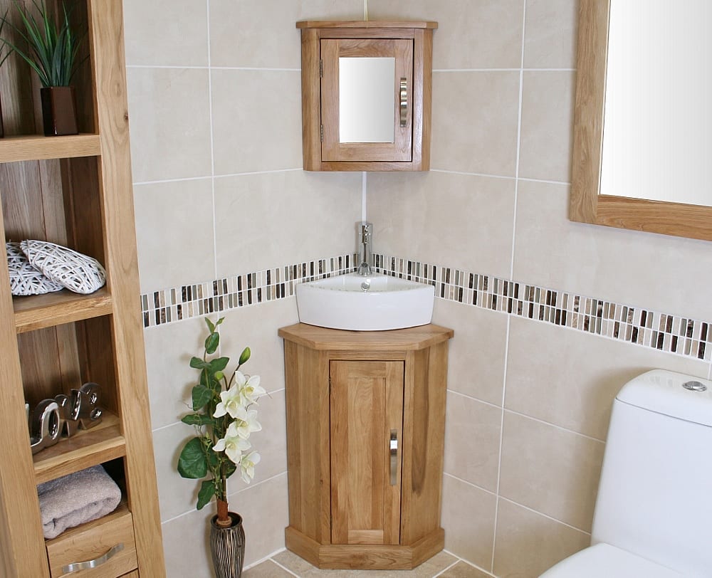 Oak Topped Corner Vanity Unit with White Ceramic Basin