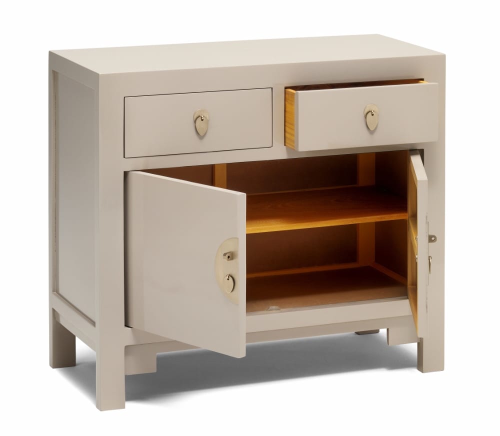 Small Oyster Grey Sideboard Showing Open Storage Doors