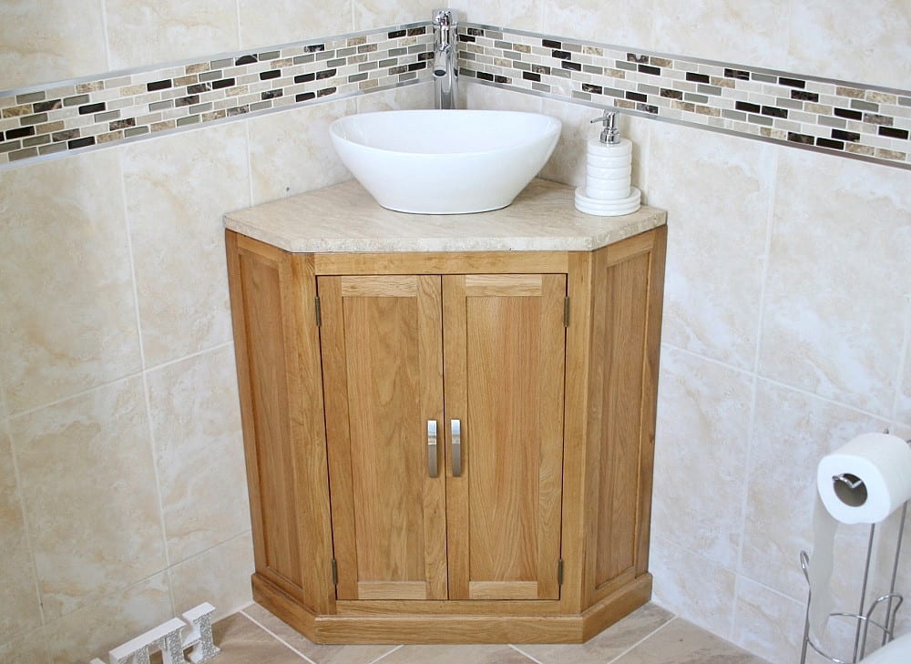 White Ceramic Oval Basin on Travertine Topped Corner Vanity Unit Oval White Basin on Travertine Topped Oak Corner Vanity Unit