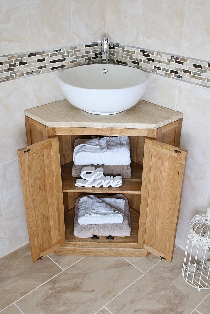 Round White Ceramic Basin on Corner Vanity Unit with Travertine Top