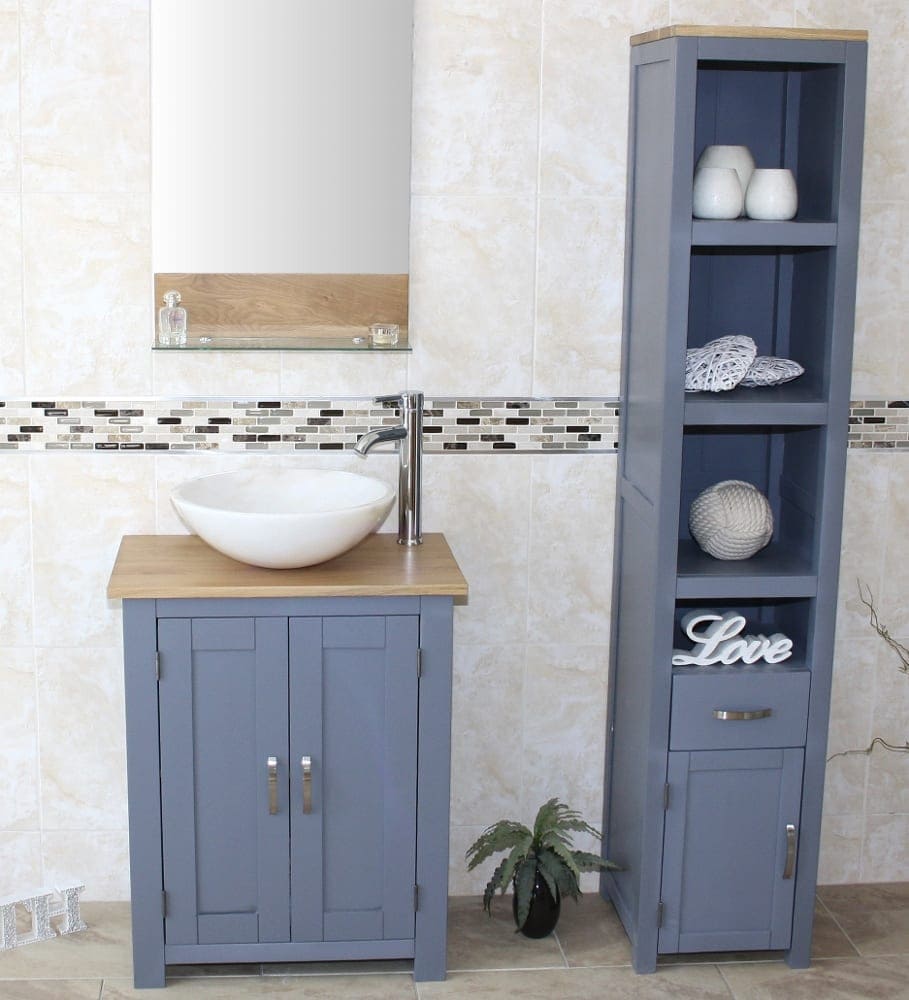 Solid Oak Top Grey Bathroom Furniture Storage Unit 499G - Bathrooms
