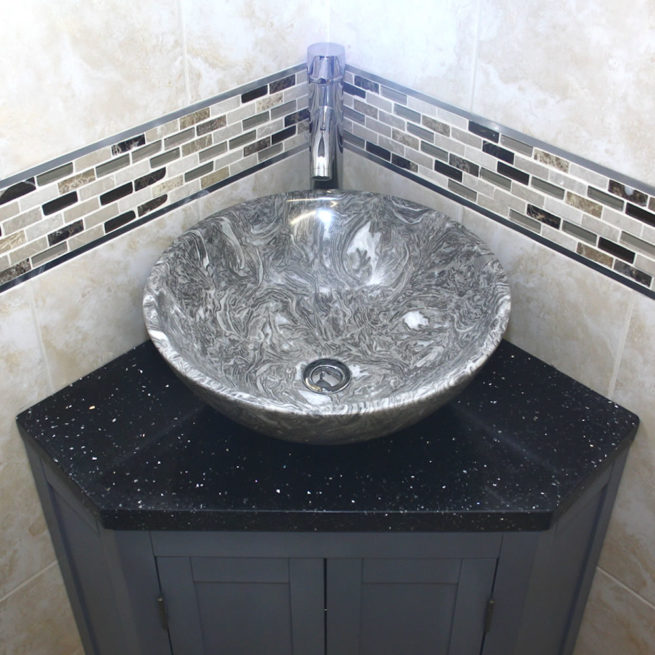 Grey Painted Black Quartz Top Corner, Marble Top Sink Vanity Unit