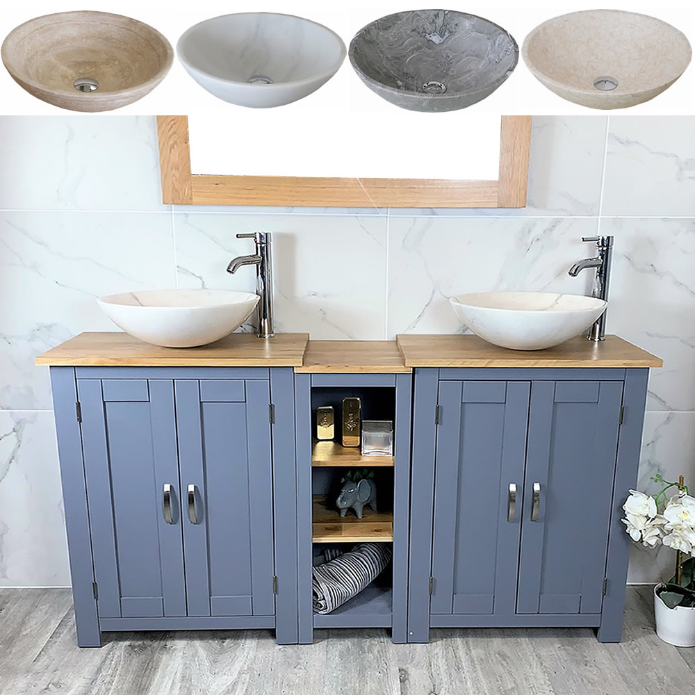 Bathroom Grey Painted Vanity Unit Corner Sink Cabinet With Oak Top