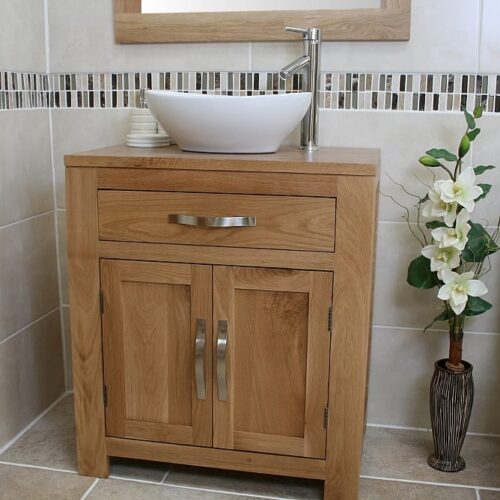 Oval White Ceramic Basin on Solid Oak Vanity Unit