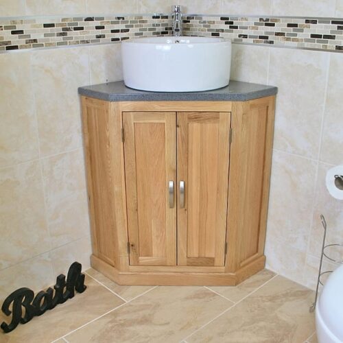 Grey Quartz Top Corner Vanity Unit with Round Ceramic White Basin