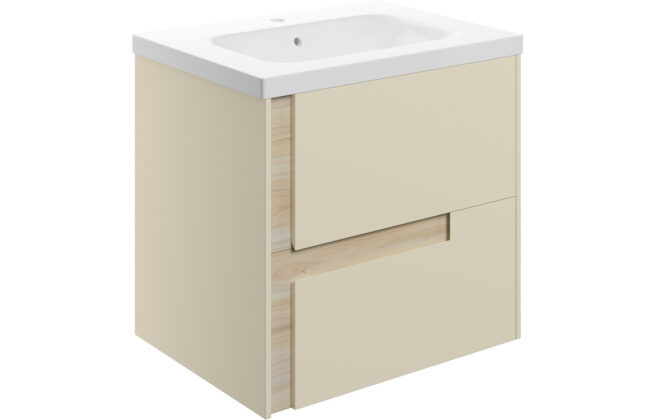 Coast 615mm Wall Hung 2 Drawer Basin Unit & White Basin – Matt Cotton & Oak Effect