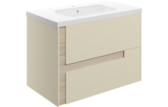 Coast 815mm Wall Hung 2 Drawer Basin Unit & White Basin – Matt Cotton & Oak Effect