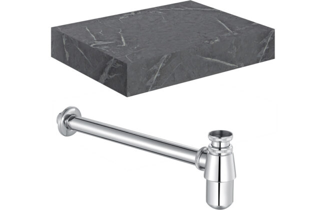 Nimbus 600mm Wall Hung Grey Marble Basin Shelf & Chrome Bottle Trap