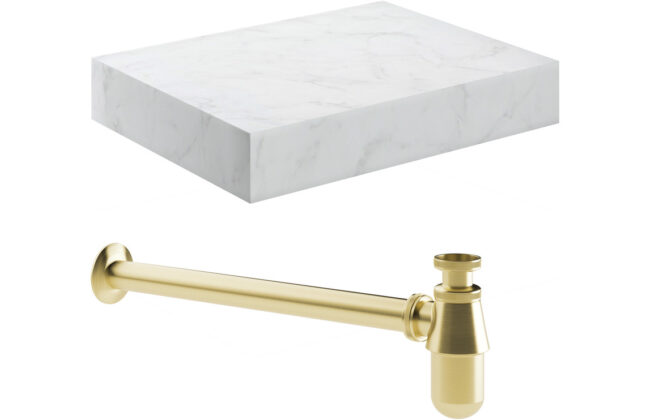 Nimbus 600mm Wall Hung White Marble Basin Shelf & Brushed Brass Bottle Trap