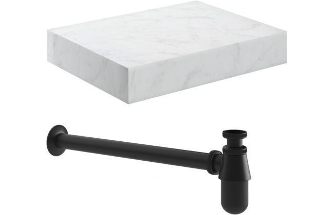 Nimbus 600mm Wall Hung White Marble Basin Shelf & Black Bottle Trap