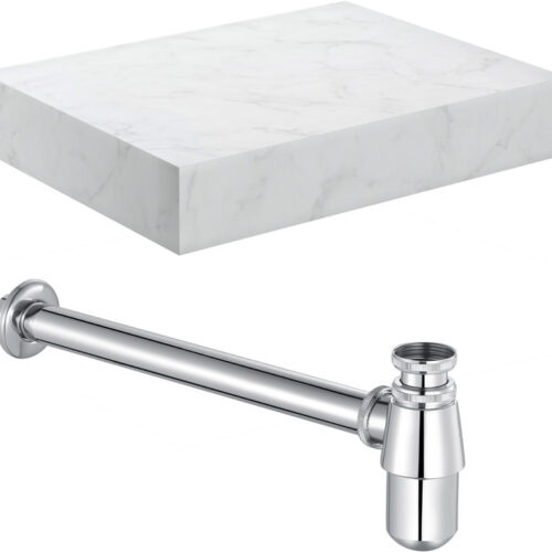 Nimbus 600mm Wall Hung White Marble Basin Shelf & Chrome Bottle Trap