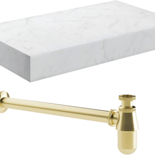 Nimbus 800mm Wall Hung White Marble Basin Shelf & Brushed Brass Bottle Trap