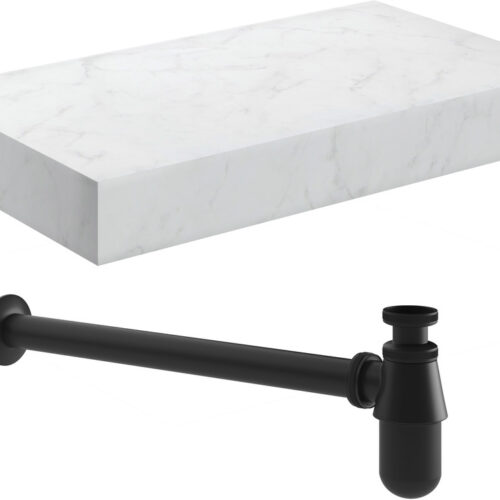 Nimbus 800mm Wall Hung White Marble Basin Shelf & Black Bottle Trap