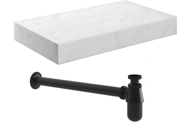 Nimbus 800mm Wall Hung White Marble Basin Shelf & Black Bottle Trap