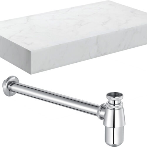 Nimbus 800mm Wall Hung White Marble Basin Shelf & Chrome Bottle Trap