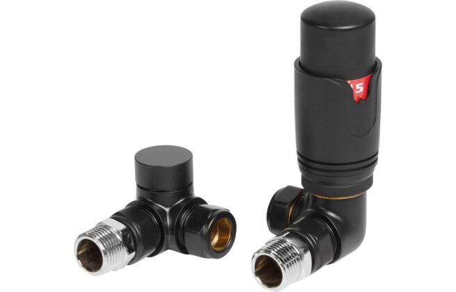 Round Thermostatic Matt Black Radiator Valves – Corner