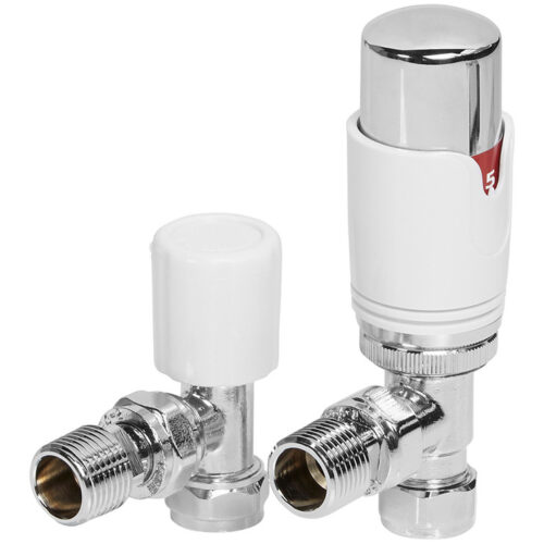 Round Thermostatic White Radiator Valves - Angled