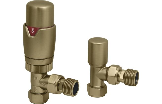 Round Thermostatic Brushed Brass Radiator Valves – Angled