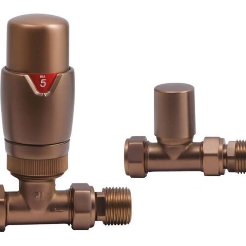 Round Thermostatic Brushed Bronze Radiator Valves - Straight