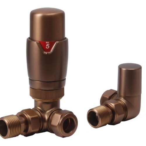 Round Thermostatic Brushed Bronze Radiator Valves - Corner