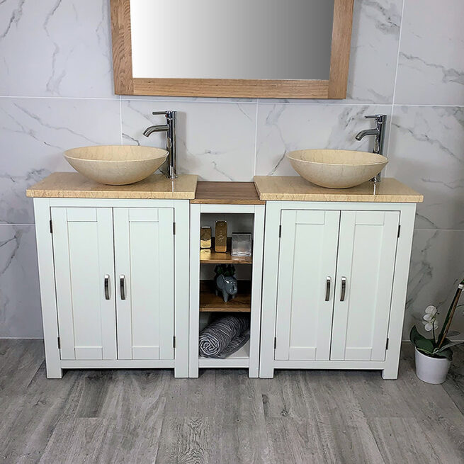 Bathroom Vanity Unit Sink Washstand Slimline White Painted Cream Marble Worktop Basin Tap 311PCM25CM
